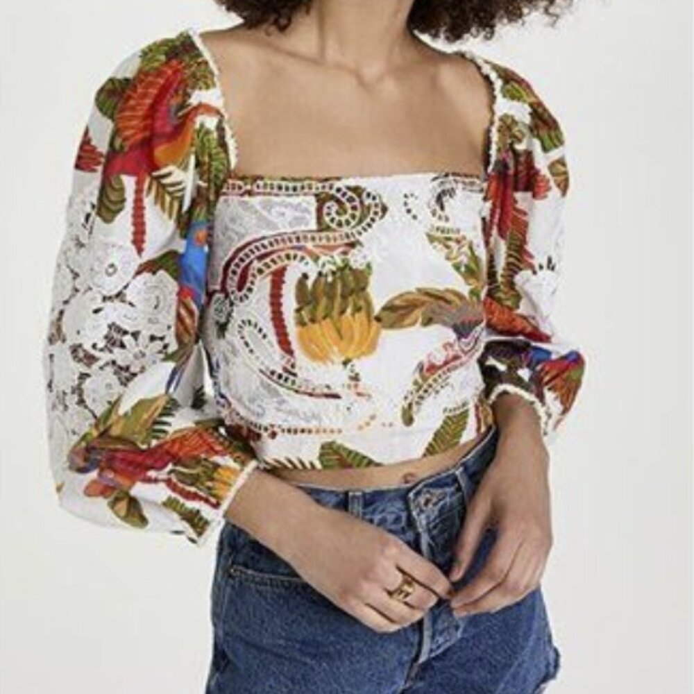 FARM Rio Forest Birds Embroidered Blouse Size Small